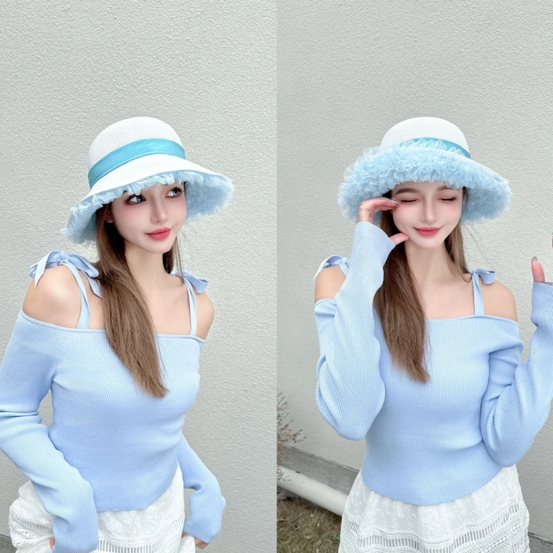 CREAMPP 原创治愈蓝白极细柔软遮阳盆帽内里满绣木耳花边阔檐草帽