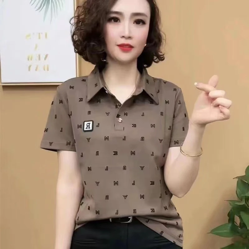 洋气中老年妈妈休闲减龄大码上衣夏季印花POLO衫翻领女士t恤短袖