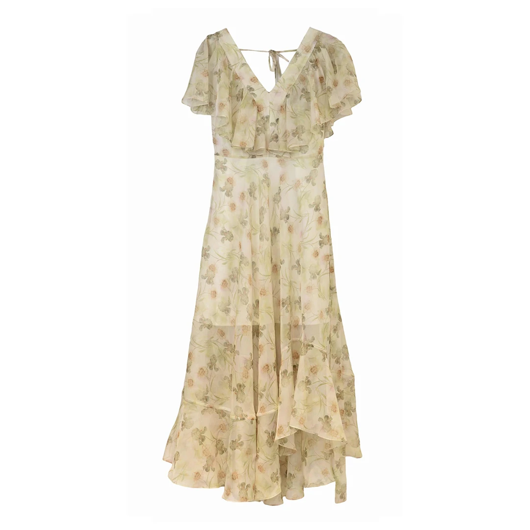 【毛毛专属】夏季连衣裙女印花v领收腰荷叶边雪纺裙25L7532