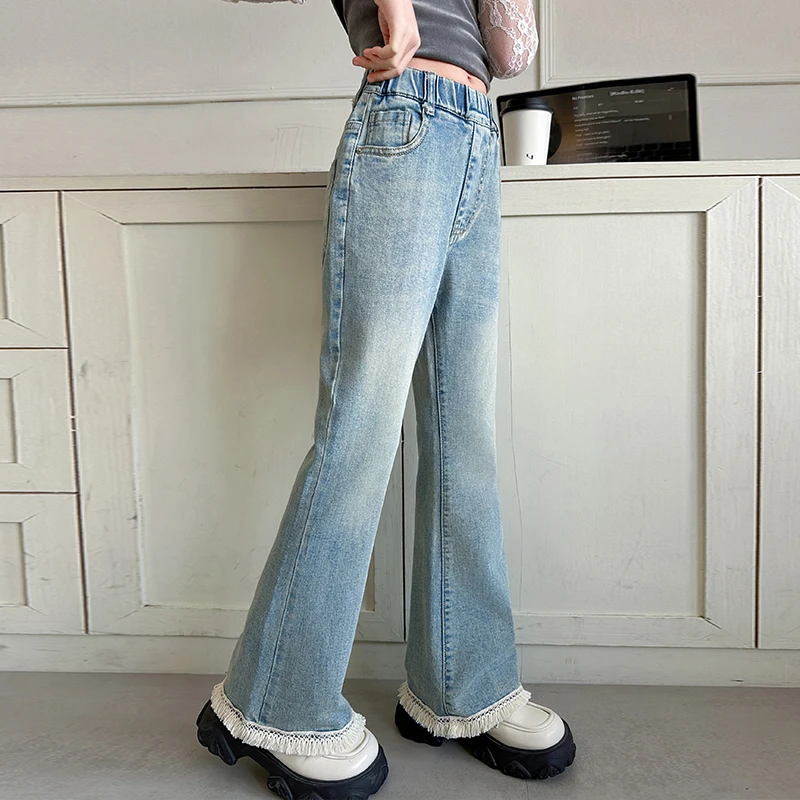 女童牛仔裤大童儿童脚口流苏2025新款春季显高显瘦洋气时髦喇叭裤