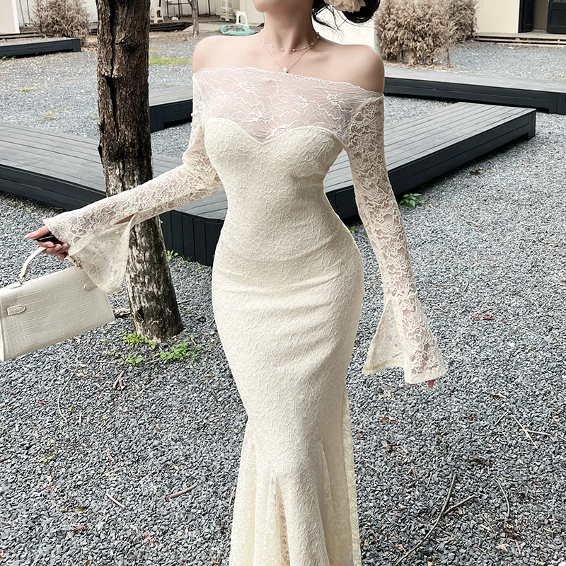 法式纯欲性感一字肩蕾丝连衣裙2025秋季新款御姐气质修身鱼尾裙