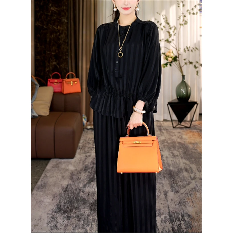 春款上新【梦悦】时尚竖条纹黑色宽松捏褶荷叶边上衣裤子套装-0755#