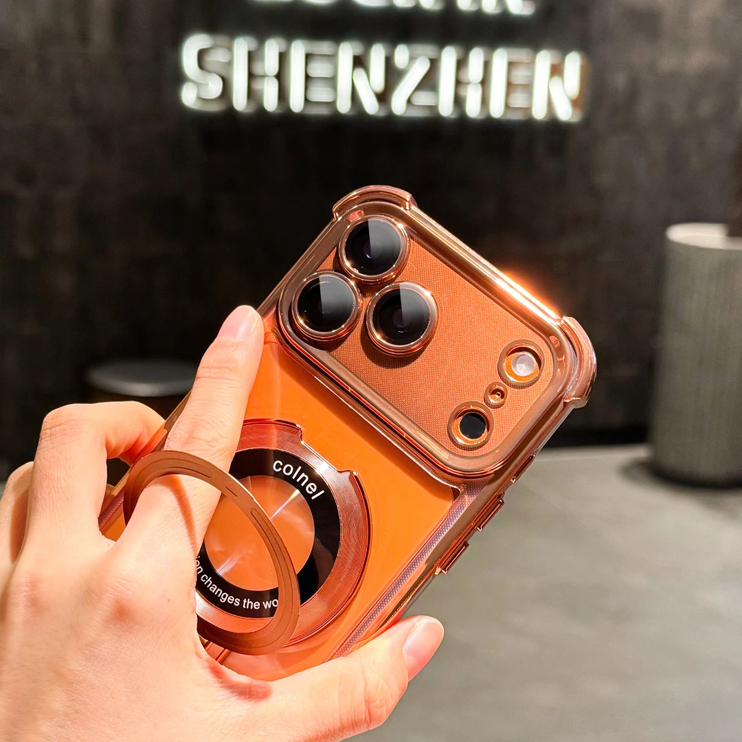 星宇橙支架适用苹果17promax手机壳四角防摔16电镀软套15带镜头膜