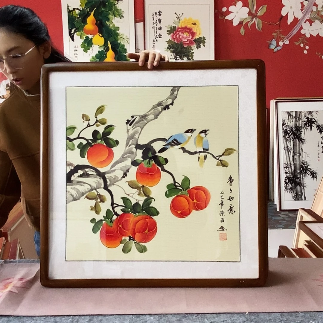 国画手写手绘国画作品带框包邮62✖️62