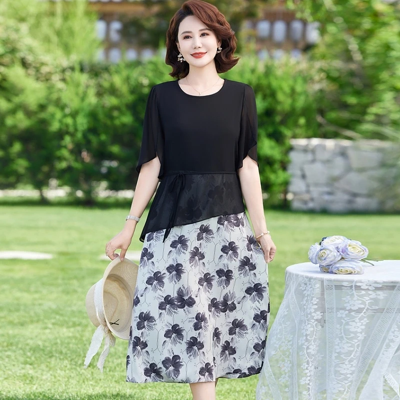 中老年女装夏季短袖连衣裙2025新款宽松印花裙子妈妈款50岁衣服薄