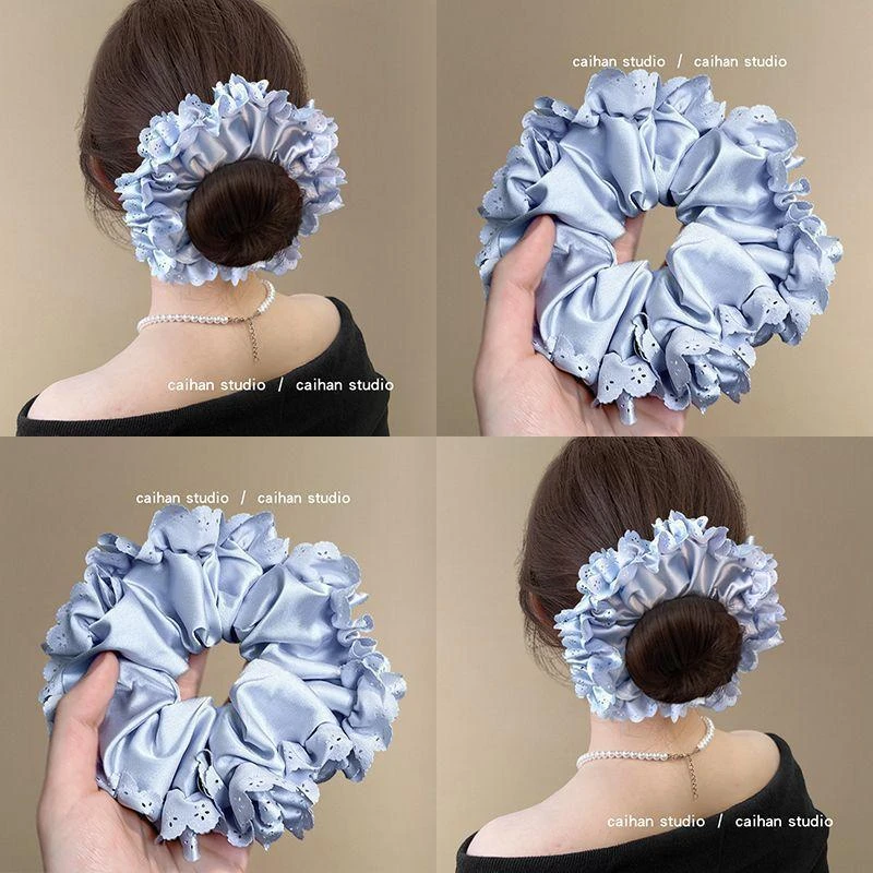 海盐蓝玫瑰~缎面蕾丝花边大肠发圈法式高级感扎丸子头绳旅行发饰