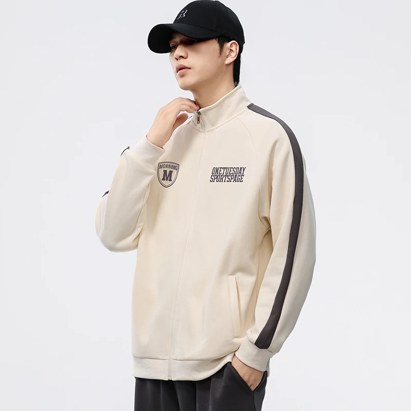 休闲拉链外套男潮重磅330克宽松大码插肩撞色立体印花潮流百搭款