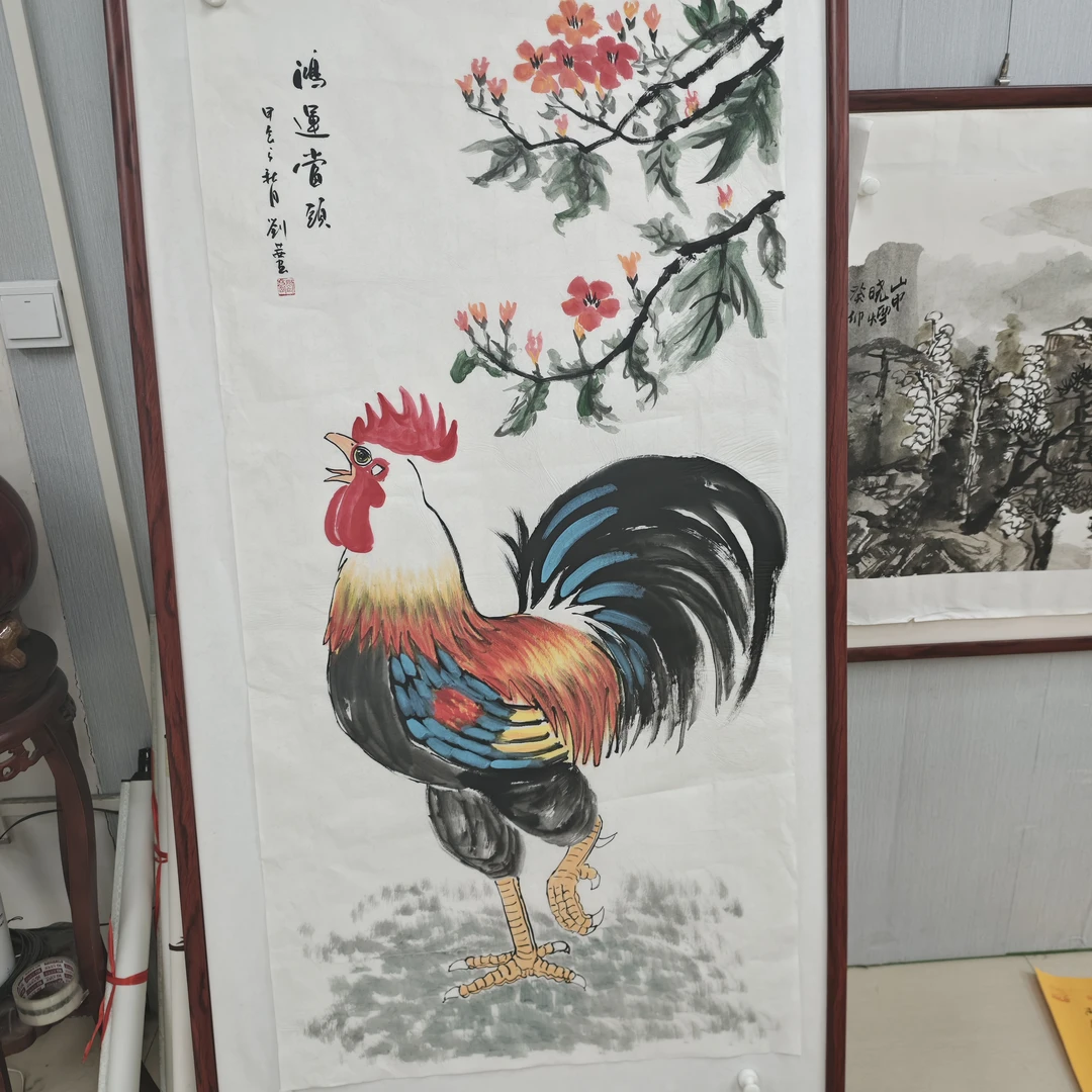 国画手绘四尺整张梅花公鸡鸿运当头图尺寸138-68厘米