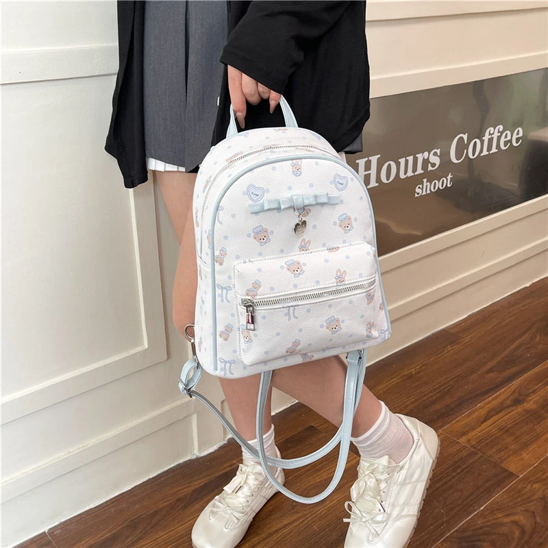 2025新款简约风印花卡通护脊彩绘学院风女士韩版小熊蝴蝶结双肩包