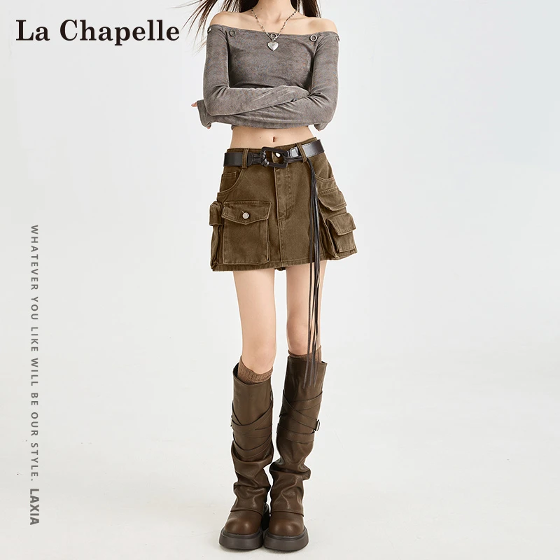 拉夏贝尔咖色多口袋牛仔半身裙女秋冬防走光高腰显瘦a字包臀短裙