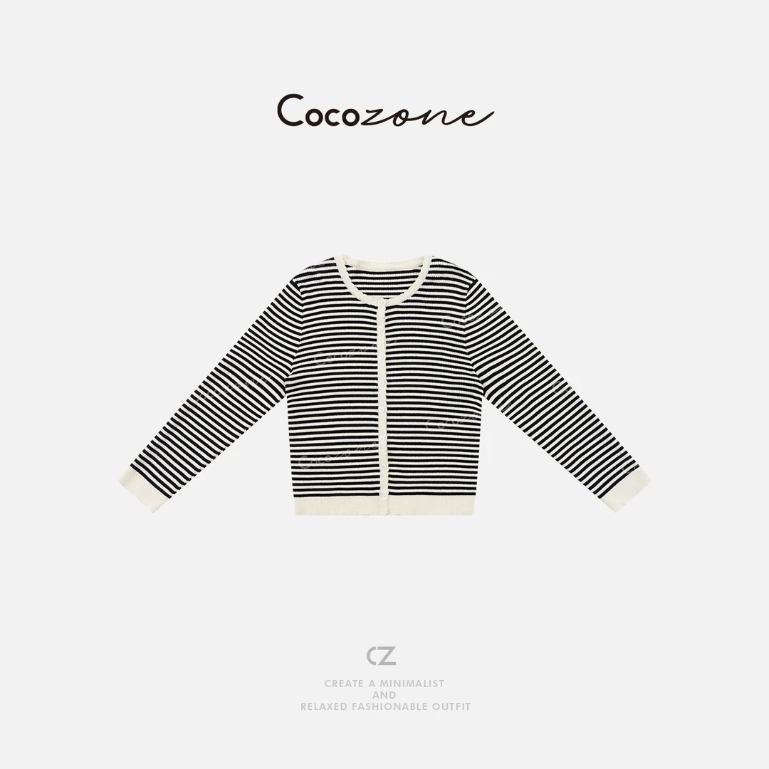 COCO ZONE 刘一一 早春条纹撞色圆领针织开衫ACD1A0163