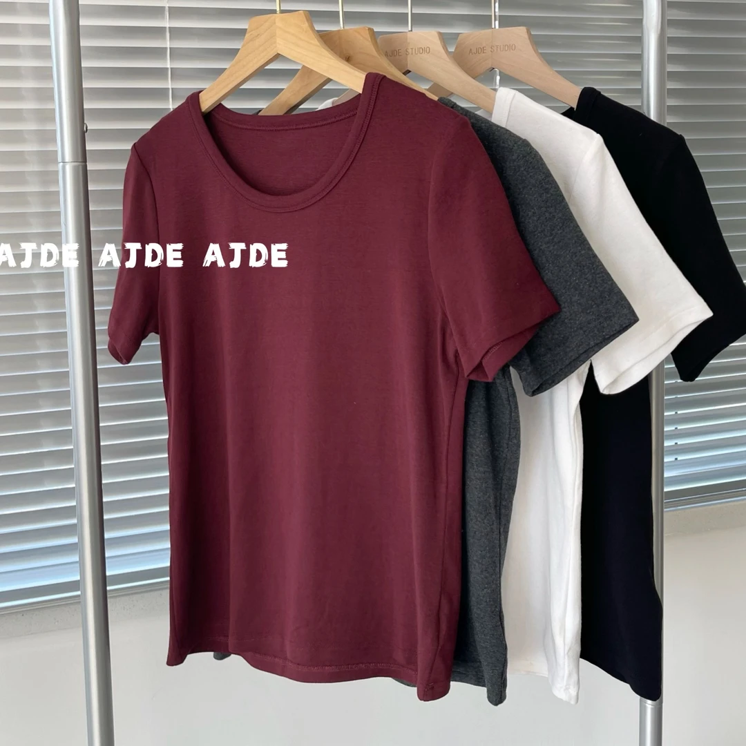 AJDE水滴领TQZ  休闲百搭时尚夏季修身纯色圆领显瘦女士简约