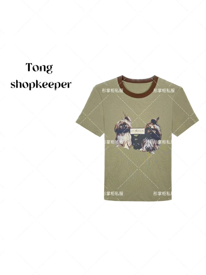 QJ/彤掌柜1681720 夏款25印花小狗莱赛尔天丝羊毛时尚显瘦上衣