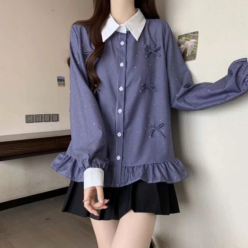 【晨浠定制】新款高级感简约时尚蝴蝶结条纹衬衫上衣540