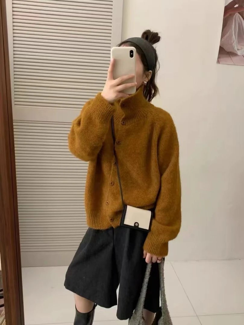 【清仓no退换】极简慵懒软糯羊毛针织外套气质高领排扣毛衣开衫秋冬