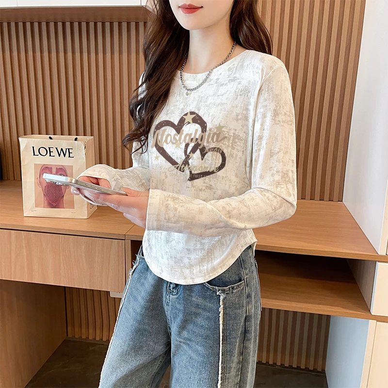 秋季新款设计感扎染褶皱内搭打底衫女修身显瘦遮肉长袖T恤上衣潮