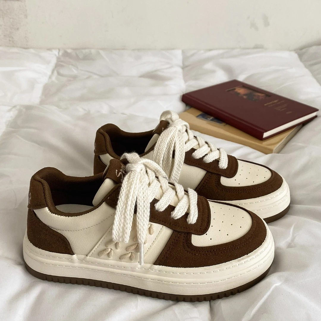 Moleubak麦穗小白鞋女2025春秋平底港风复古小众百搭休闲厚底板鞋