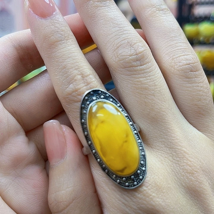 蜜蜡银S925镶嵌裸石戒指