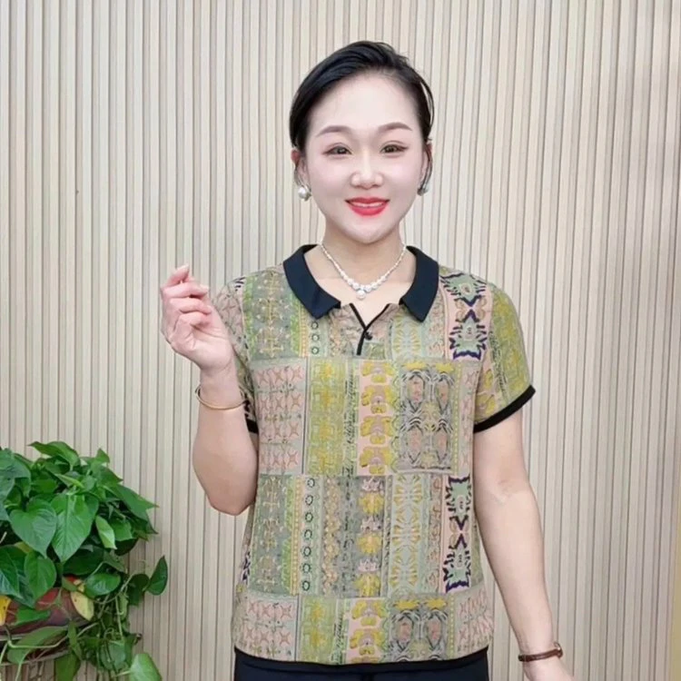 夏季宽松中老年洋气妈妈装休闲简约清新薄款显瘦短袖翻领T恤上衣