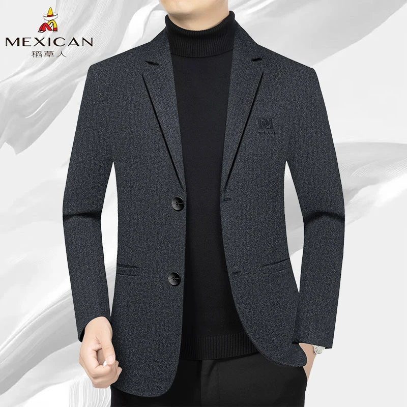 稻草人正品春秋新款高档毛呢男士西服秋季休闲修身西装外套男时尚