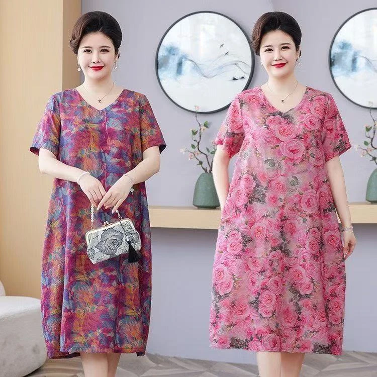 120-260斤胖妈妈夏季冰丝麻长款遮肉裙中老年减龄百搭提花裙女