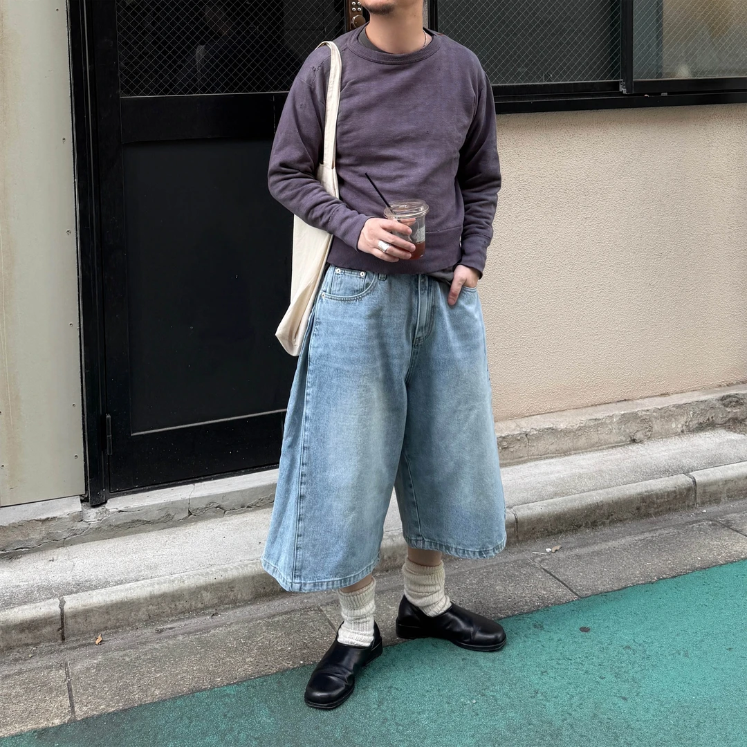 Anniehall26ss 大廓形侧面拼接冰蓝色水洗做旧7.5分牛仔裤中裤