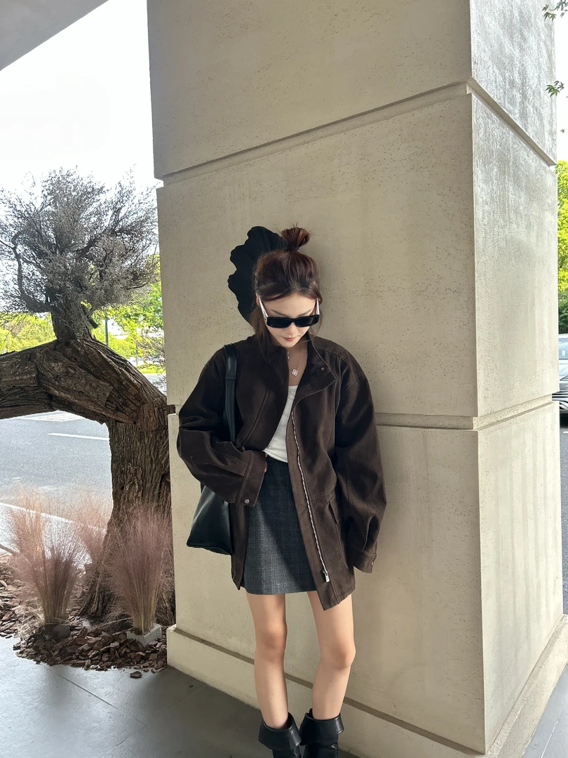 秋季新款韩系立领设计感复古简约气质大口袋外套女