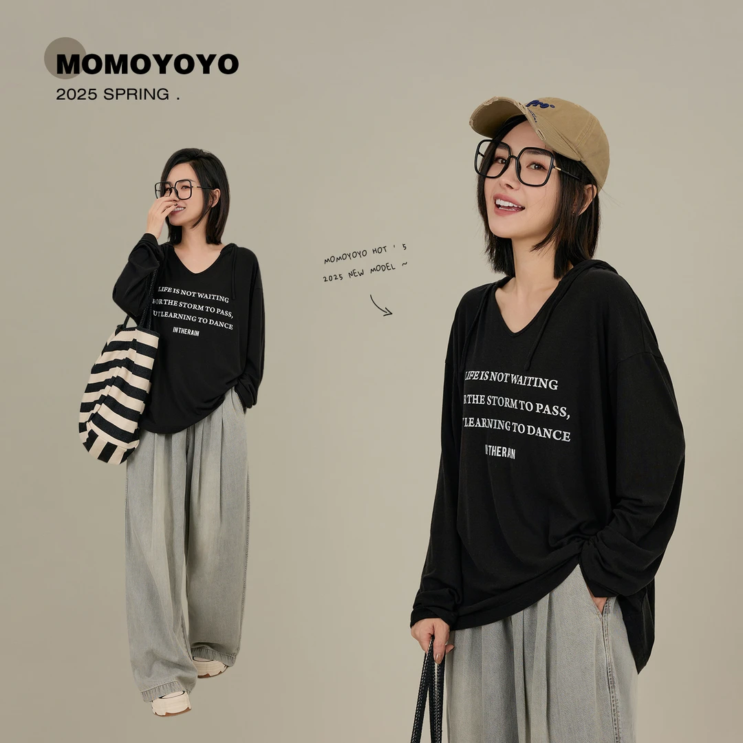 辰辰妈【氛围感】字母印花透气亲肤百搭连帽上衣带帽字母T恤7575DM