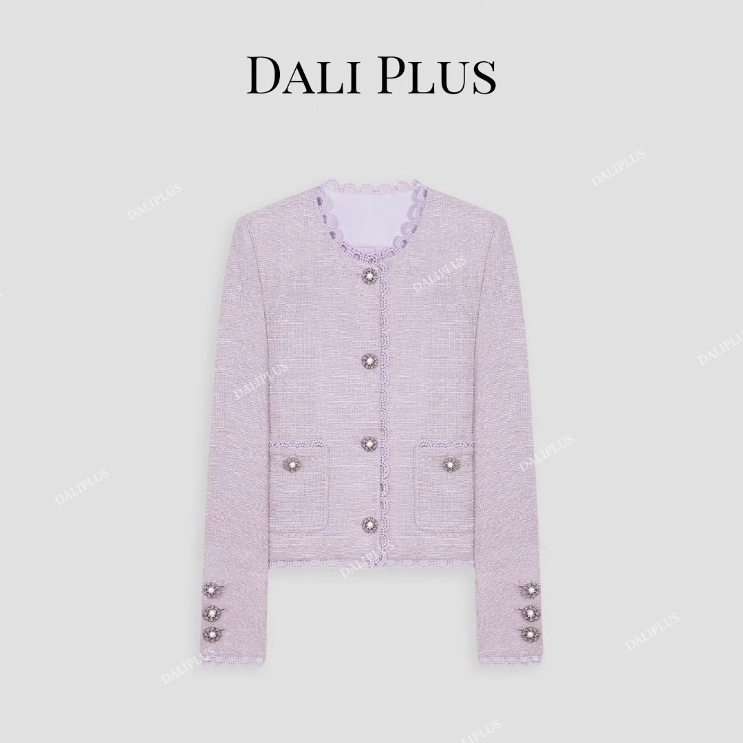 DALI PLUS丁香紫蕾丝花边拼接珍珠扣长袖小香风外套-D5ST1074