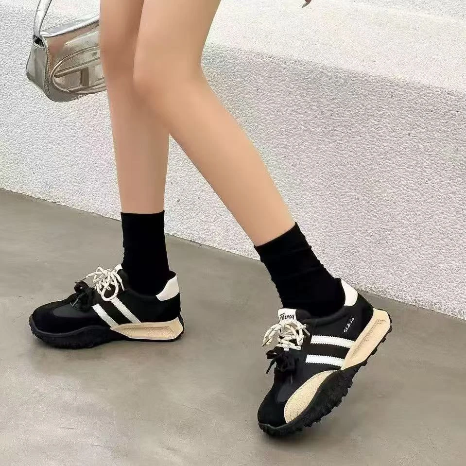 C2228 黑色绒里  时尚厚底圆头系带休闲运动鞋女阿甘鞋