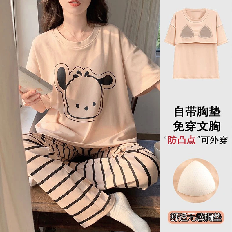 带胸垫睡衣女夏季2025年新款棉质短袖长裤薄款可爱卡通休闲家居服