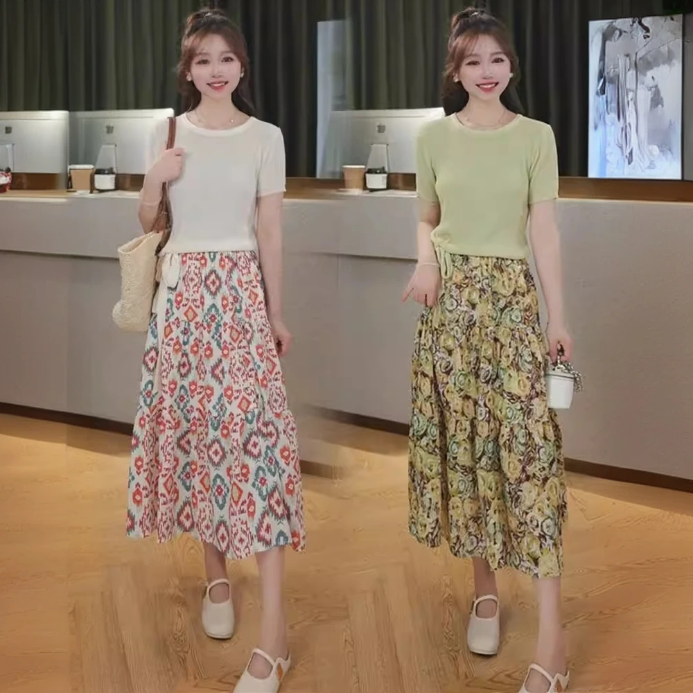 时尚连衣裙套装女夏季新款洋气减龄针织短袖上衣碎花半身裙两件套