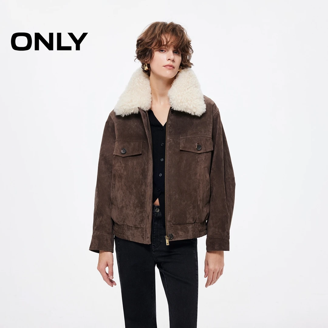 2025冬季新款胸前兜盖装饰可拆卸领落肩宽松皮衣女|125428009