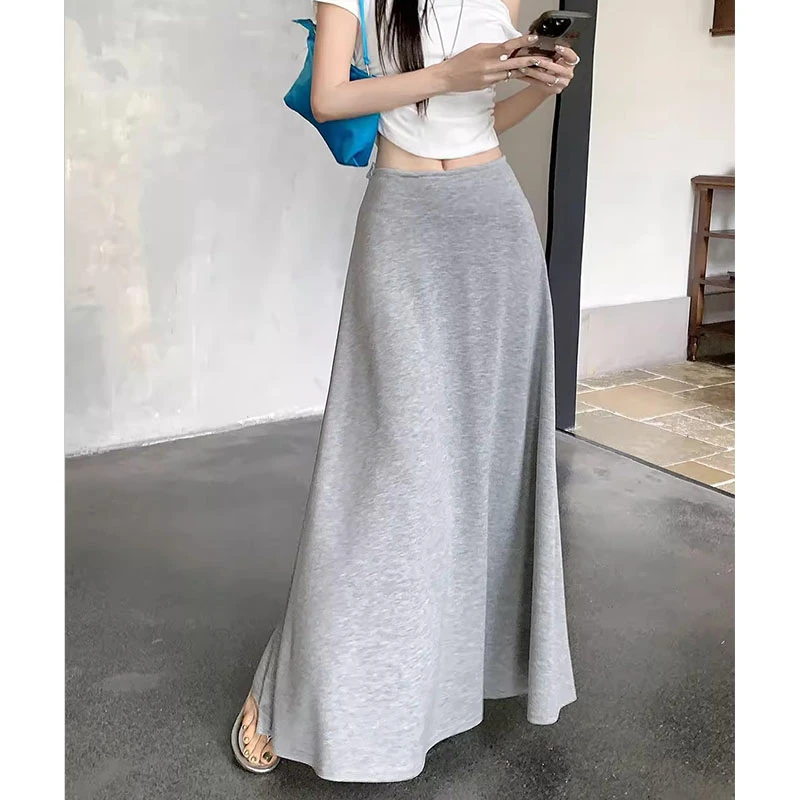 灰色垂坠感半身裙女夏季新款百搭松紧高腰显瘦休闲大摆a字长裙子