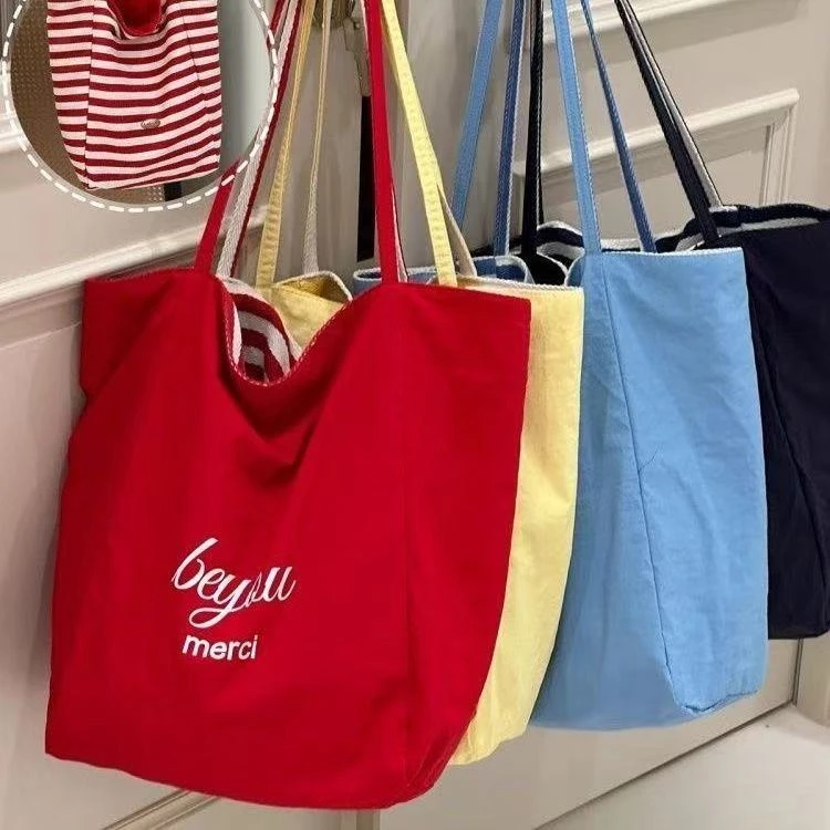 2025春夏条纹帆布袋韩国ins慵懒风托特包学生大容量休闲单肩包女