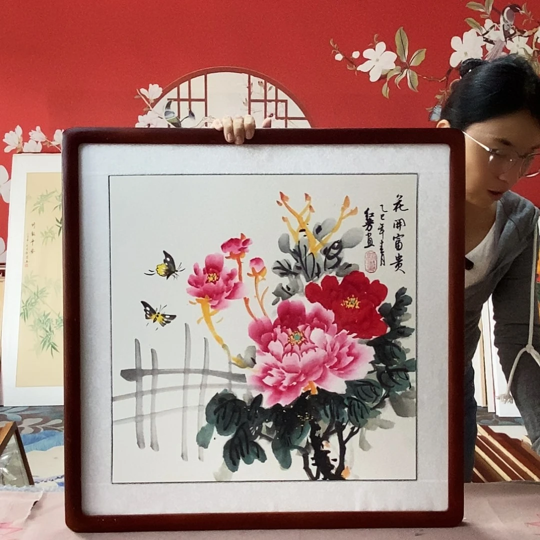国画手写手绘国画作品带框包邮62✖️62
