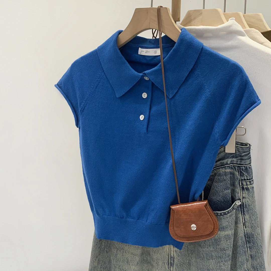 【部分现】夏季polo领正肩短袖针织衫女2025新款独特单穿上衣M1208