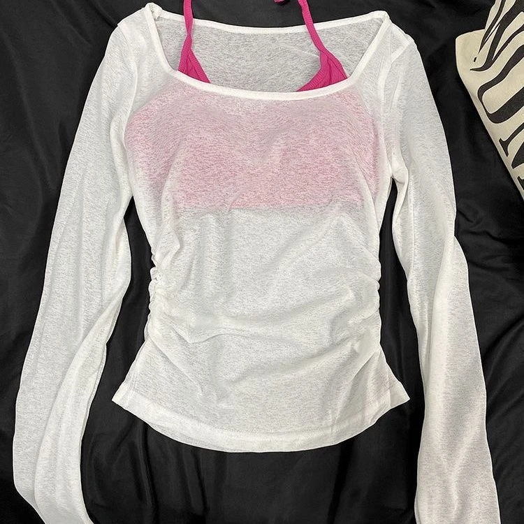 辣妹镂空抽褶长袖针织衫挂脖背心两件套女夏季薄款罩衫上衣服