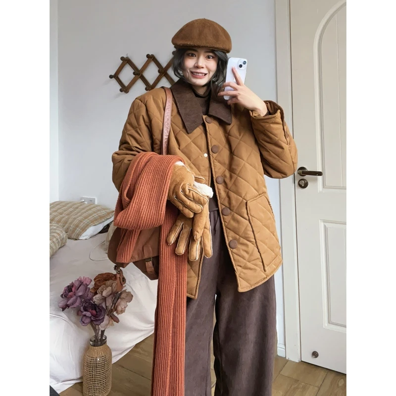 复古艺术家 宽松日系设计感加厚撞色翻领棉服外套