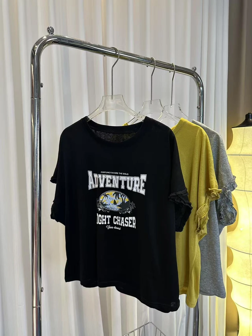 【AXIN定制】设计感圆领字母印花花边短袖T恤 1023