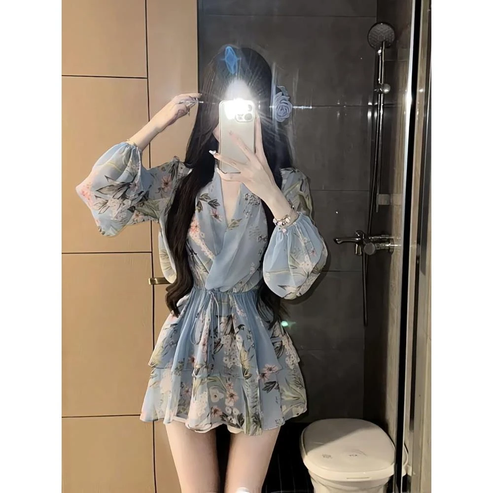 法式碎花V领长袖雪纺连衣裙女装夏季辣妹气质修身显瘦仙女裙短裙