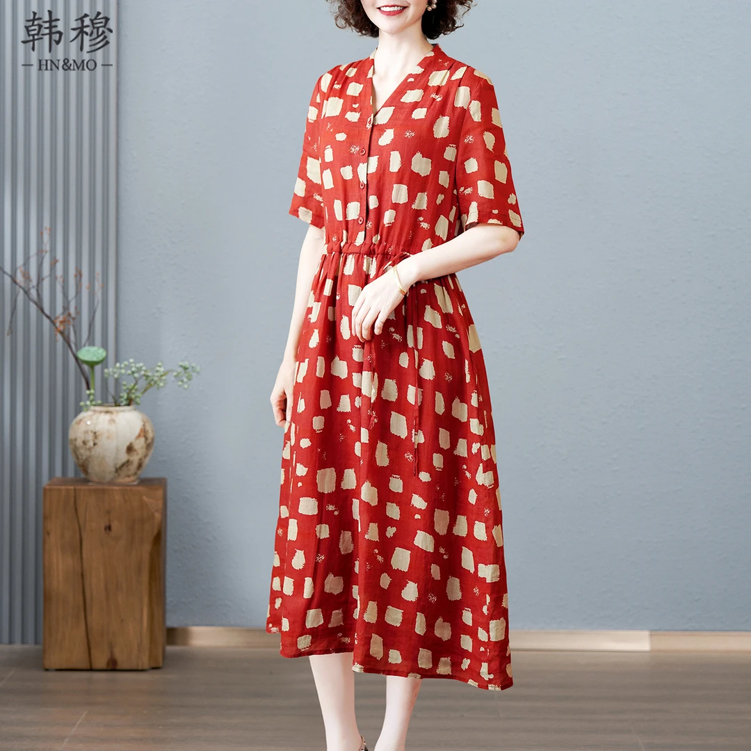 韩穆法式气质苎麻连衣裙女2025夏装时尚宽松显瘦高端大牌V领裙子