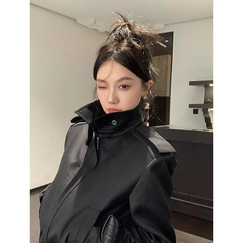 短款设计感立领黑色阔肩气质外套女春季新款百搭复古休闲夹克上衣