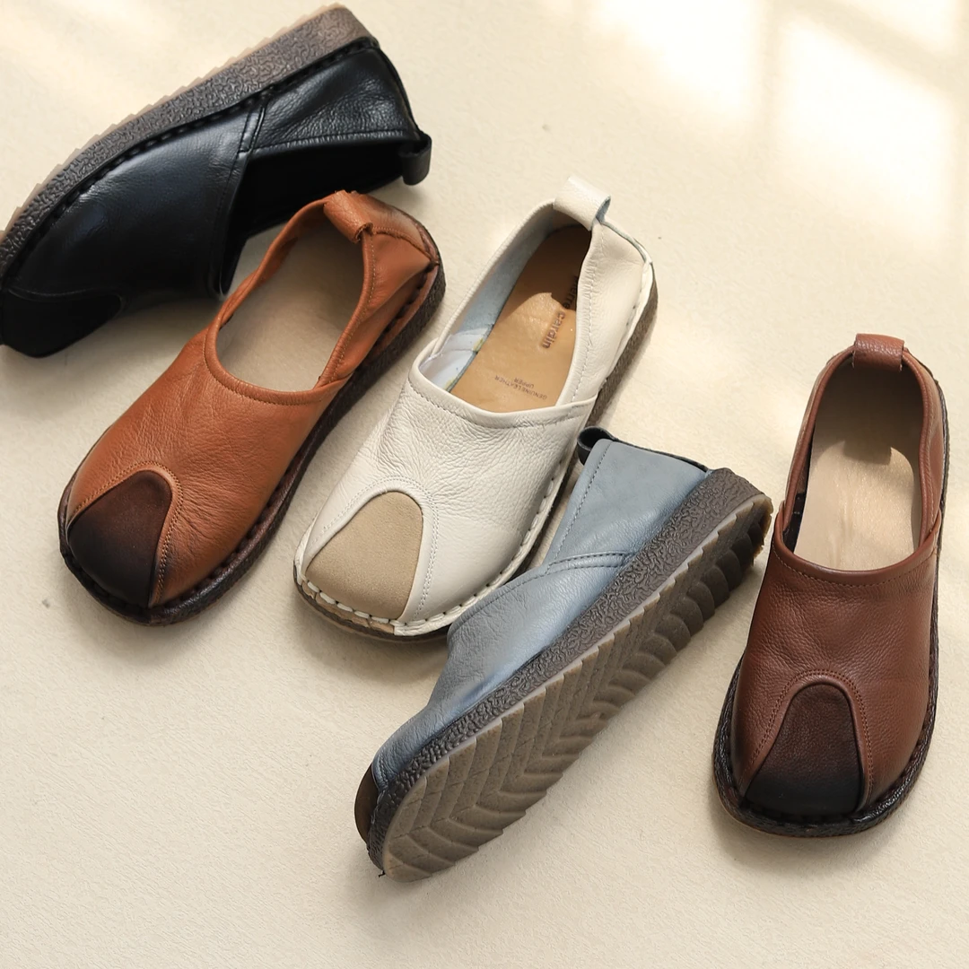 寻程女鞋2025复古休闲套脚民族风拼接单鞋牛筋底玛丽珍浅口皮鞋