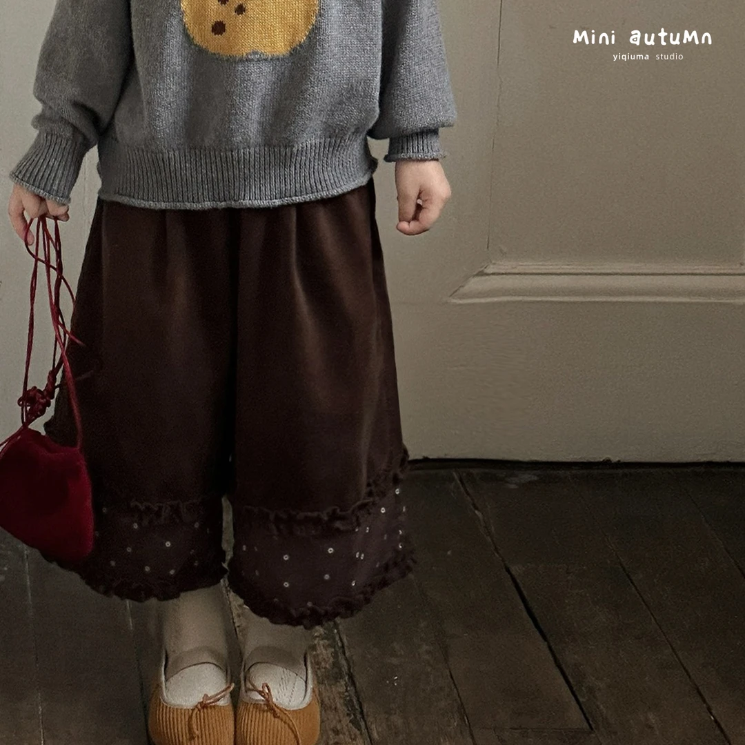 「MINI AUTUMN」【漫希】灯芯绒女小童休闲百搭宽松花边八分裤BQ5384