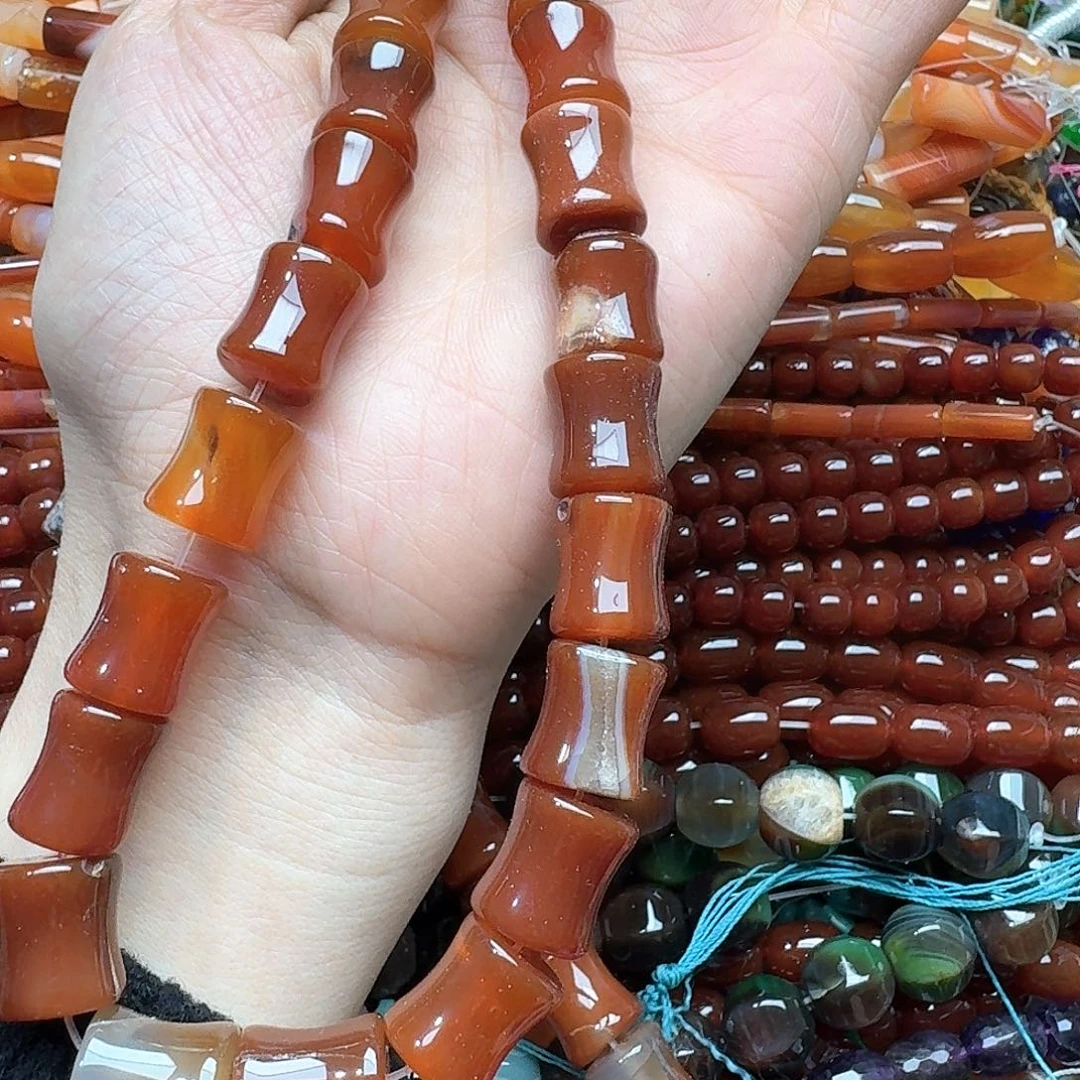 玛瑙/玉髓合金珠宝半成品一条13x15m老矿红玛瑙竹节