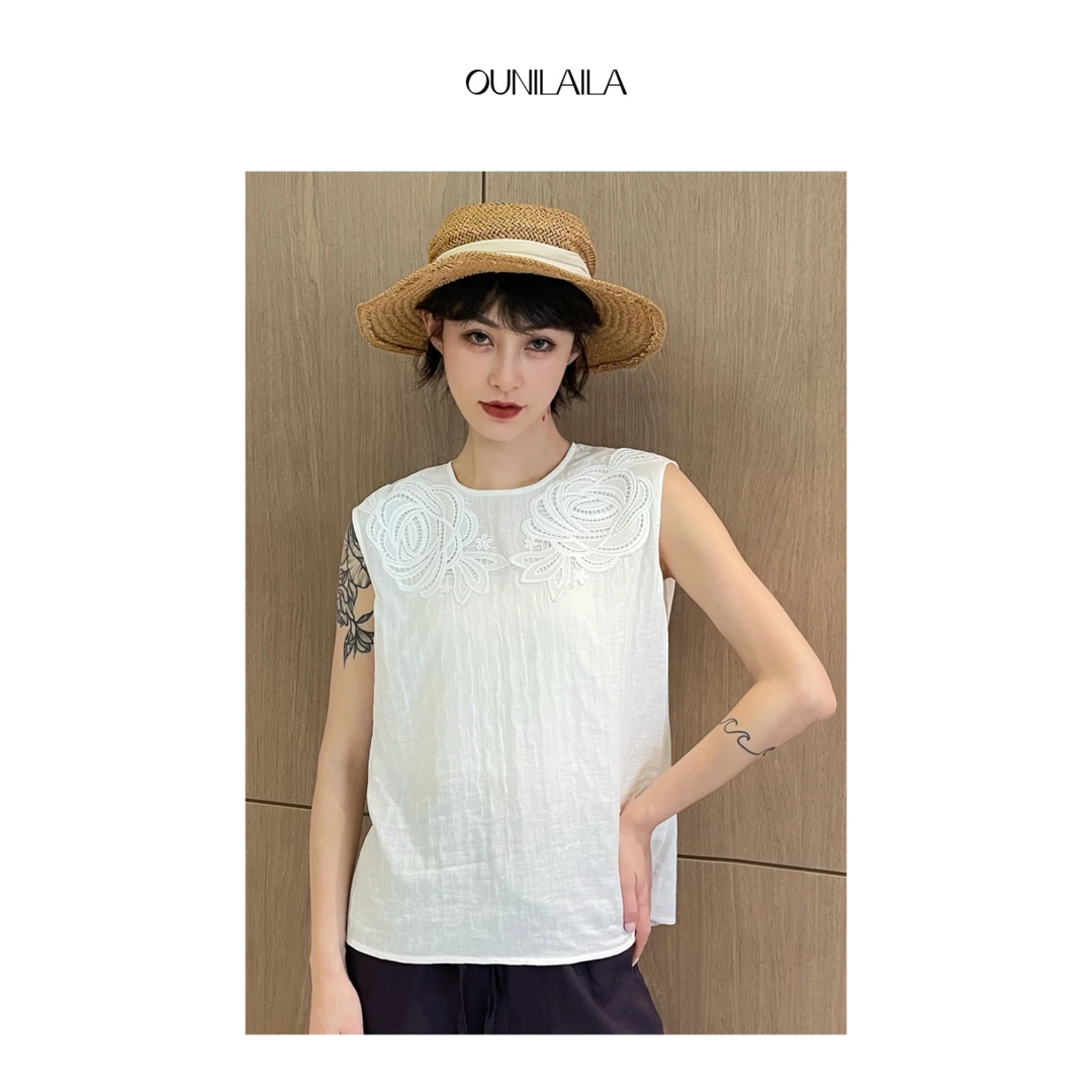 欧尼家【月下蔷薇】静奢风小众拼接极简短袖圆领夏季新款DX6489N