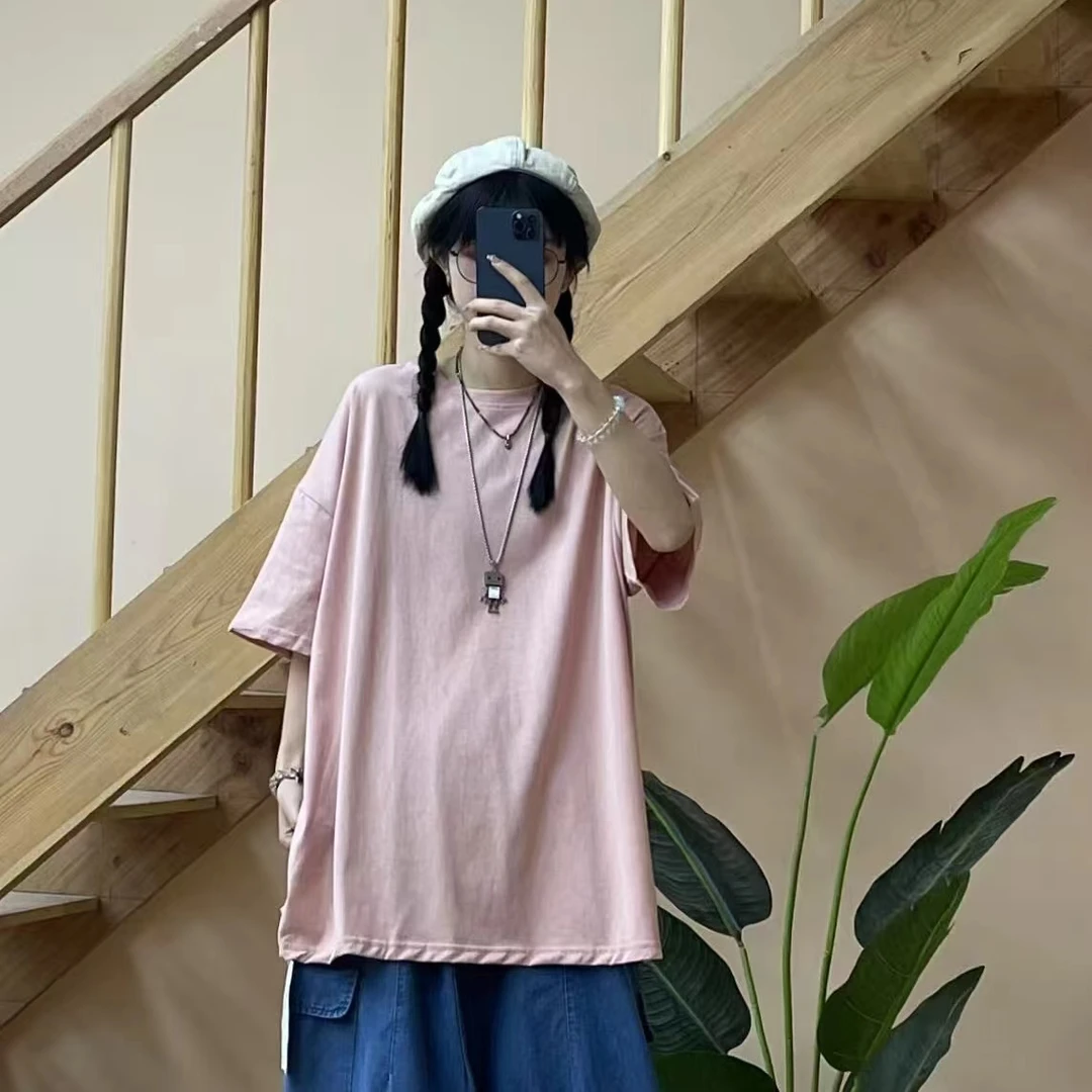 夏季新款复古慵懒风纯色圆领短袖T恤2567