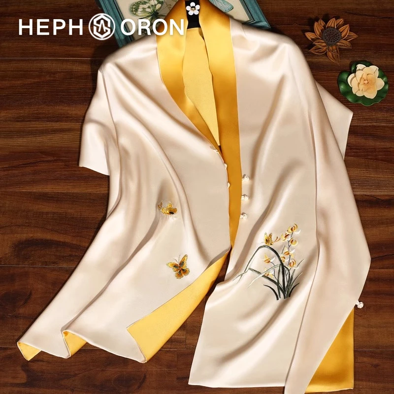 HEPHSORON苏绣丝巾礼盒送妈妈黄色刺绣百搭高级感桑蚕丝真丝围巾