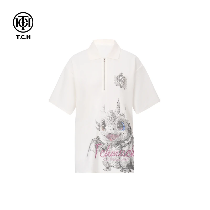 TCH美式烫钻宽松休闲日常百搭POLO衫男翻领短袖T恤女2025春夏新款